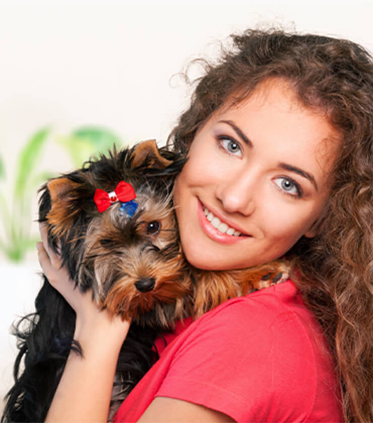 Red shirt girl with terrier wearing red bow tie